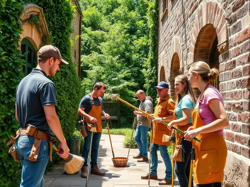A group of volunteers working together to restore a historic stone wall, showcasing the hands-on approach of MADELEINE's heritage preservation program.