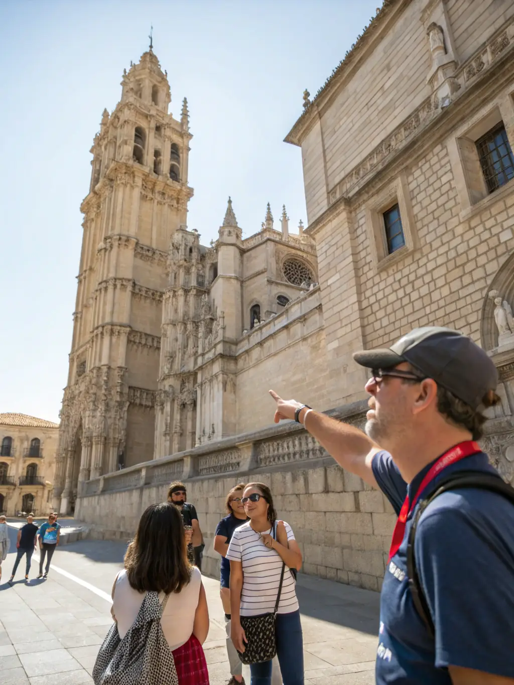 A photo of a guided tour at a historical site, with a knowledgeable guide explaining the history to a group of visitors.