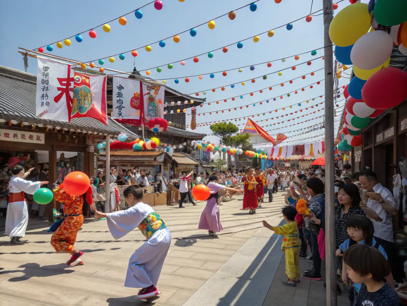 A vibrant scene from a MADELEINE-sponsored cultural festival, with people of all ages participating in traditional music and dance.